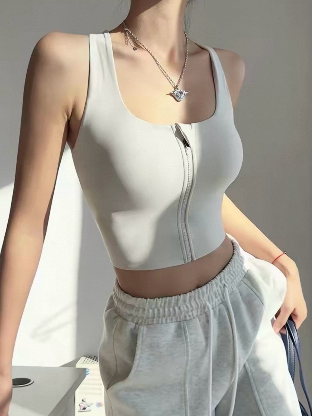 Women’s Zip-Front Crop Tank Top - White